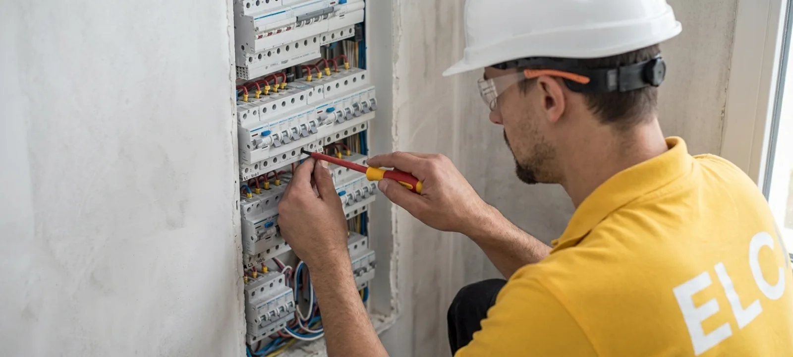 Électricien en intervention dans un immeuble ancien du centre-ville de Drancy